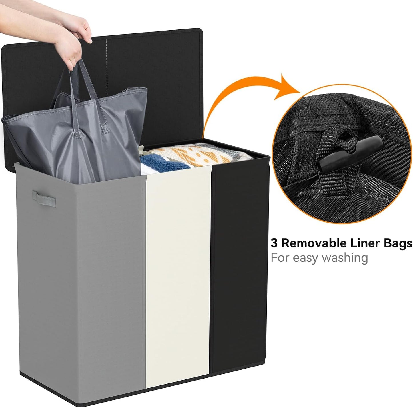 WOWLIVE 180L Laundry Hamper with Lid 3 Section,Large Laundry Basket with Removable Bags and Handles,Collapsible Dirty Clothes Hampers for Laundry,Laundry Basket Organizer for Laundry Room,Dorm,Beige