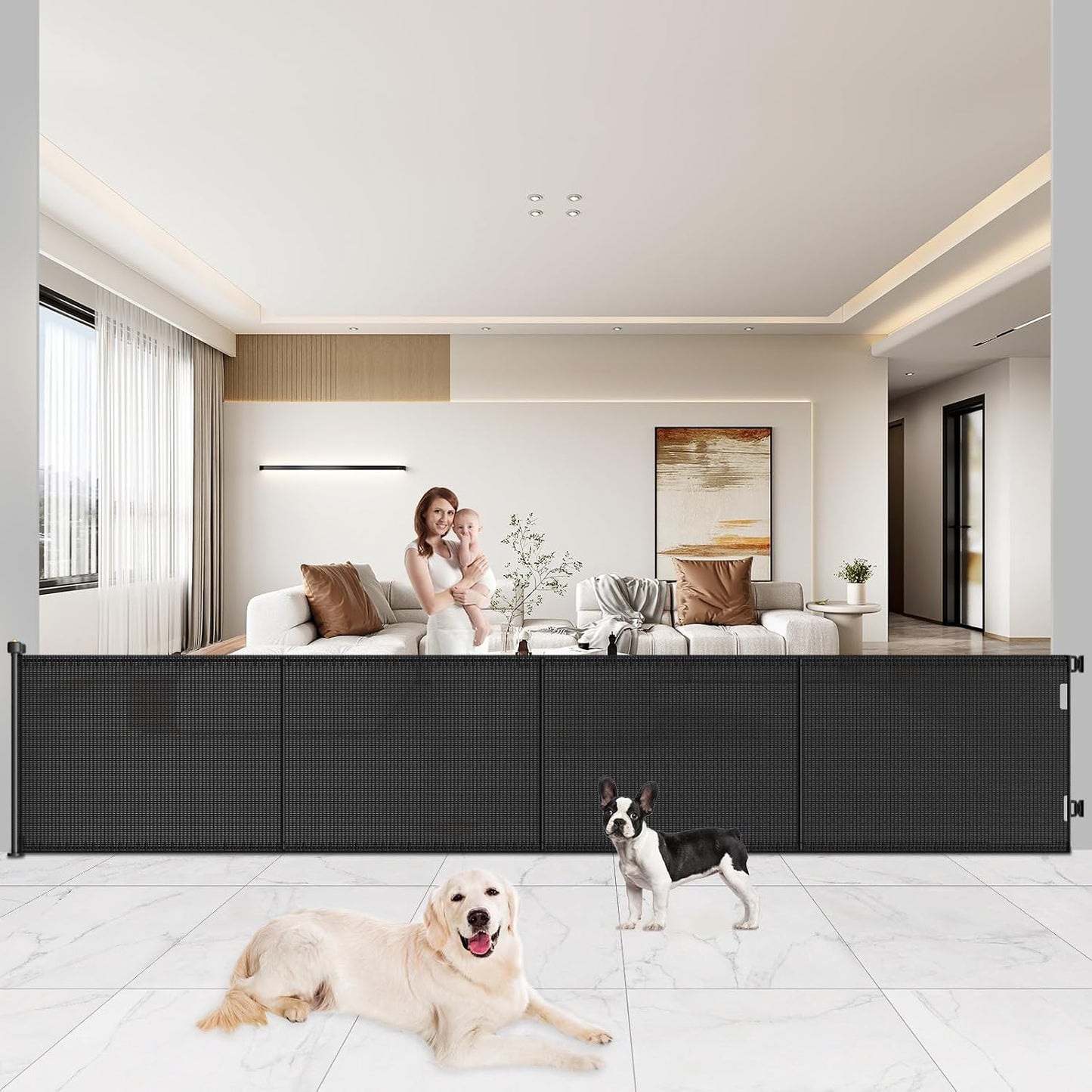 Pawtners Retractable Baby Gates Extra Wide, 41" Tall Extends up to 71" Wide, Dog Gate Indoor for Stairs, Pet Gate with Support Rods for Doorways Hallways Indoor & Outdoor-Black