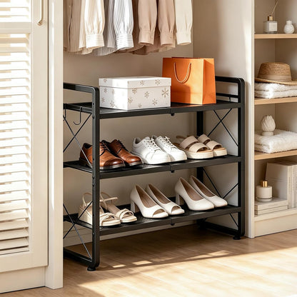 ELYKEN Shoe Rack, 2-Tier Expandable Shoe Organizer for Closet, Metal Black Shoe Shelf with 4 Hooks, Adjustable Shoe Stand Holder for Entryway, Garage, Door Entrance