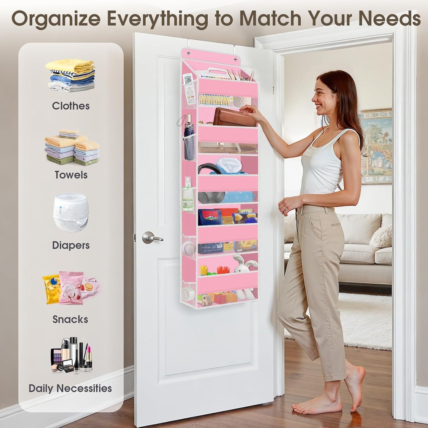 SpaceHacks 1 Pack Over The Door Organizer, Hanging Storage Organizer with Clear Window, 40lb Ultra Sturdy Large Capacity Room Organizer for Pantry Laundry Bathroom Nursery Closet Baby Essential (Grey)