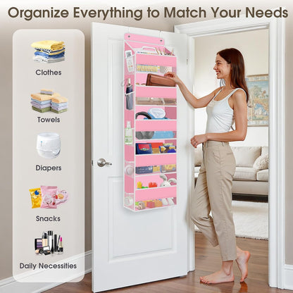 SpaceHacks 1 Pack Over The Door Organizer, Hanging Storage Organizer with Clear Window, 40lb Ultra Sturdy Large Capacity Room Organizer for Pantry Laundry Bathroom Nursery Closet Baby Essential (Grey)