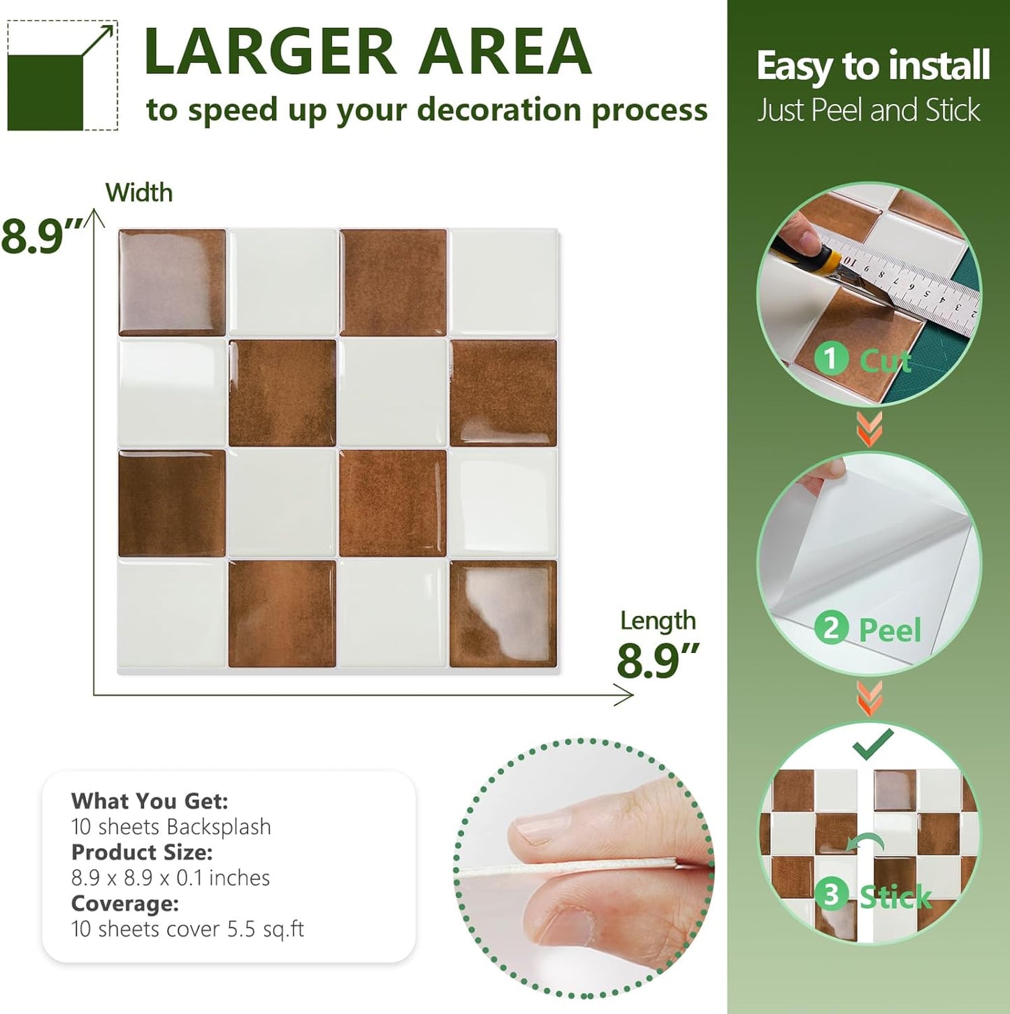 STICKGOO 10 Sheets Peel and Stick Backsplash - 9" x 9" 4D Adhesive Peel and Stick Tile Backsplash for Kitchen&Bathroom
