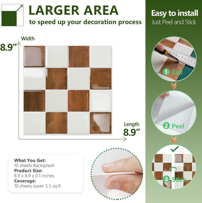 STICKGOO 10 Sheets Peel and Stick Backsplash - 9" x 9" 4D Adhesive Peel and Stick Tile Backsplash for Kitchen&Bathroom