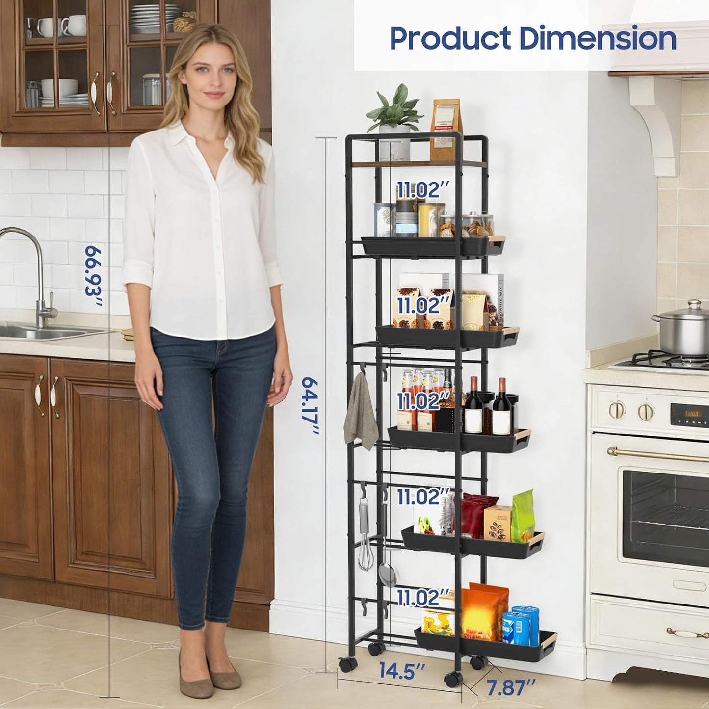 6 Tier Slim Storage Cart with Pull-Out Baskets Rolling Cart with Wheels Wood Top Narrow Utility Cart Metal Shelving Units for Pantry Laundry Room Bathroom Kitchen White 8in(W)