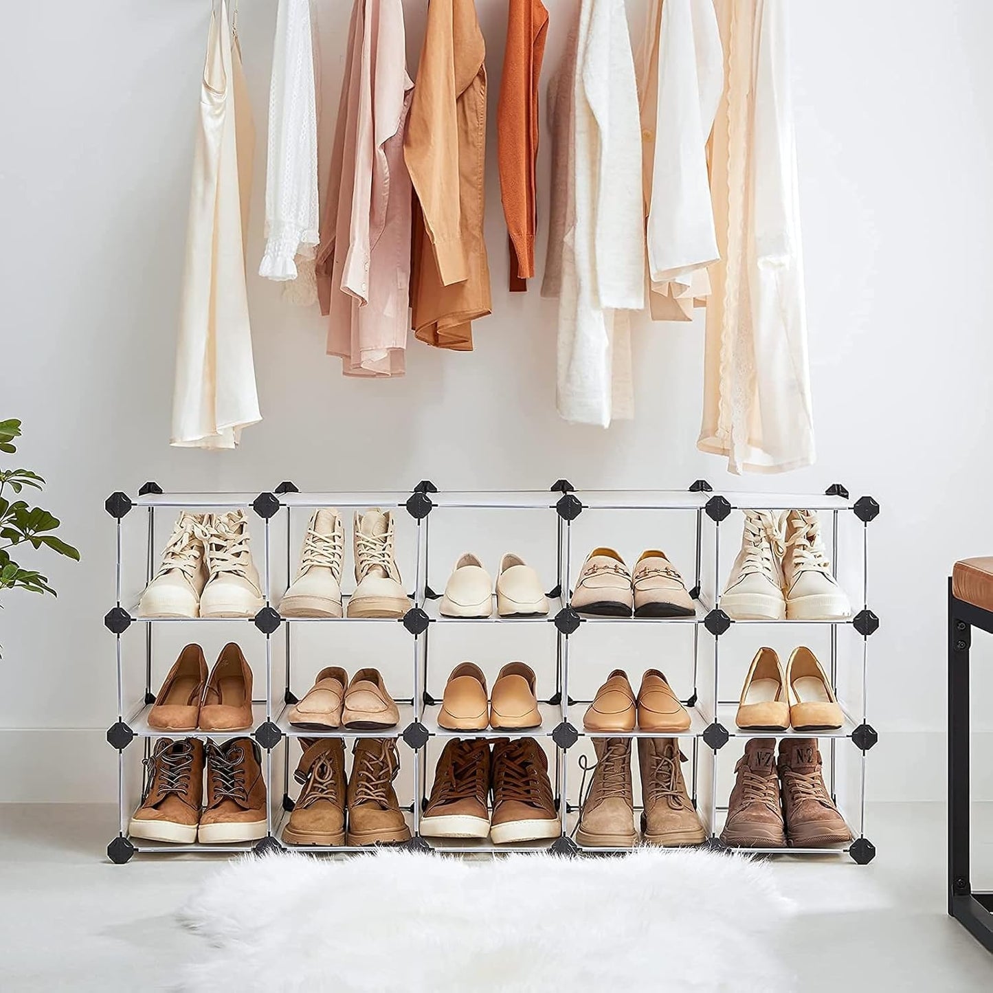 SONGMICS Shoe Rack with 16 Cubes, Interlocking Plastic Shoe Organizer, DIY Storage Cabinet for Closet Entryway Bedroom Garage, Space Saving Design, 12 x 35.1 x 27.2 Inches, Transparent ULPC445W02