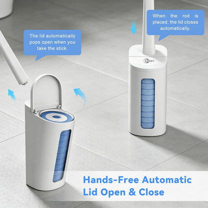 Disposable Toilet Brush - Toilet Bowl Cleaner with Automatic Lid 20 Replacement Heads in PC Box, Compatible with Rod Refills, Toilet Brush and Holder Set for Bathroom Cleaning, White