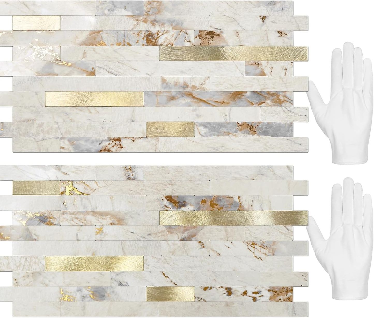 STICKGOO 20 Sheets Peel and Stick Backsplash Tile, Stick on Backsplash for Kitchen and Bathroom, White Sandstone Look PVC Mixed Metal Gold Self Adhesive Wall Tiles