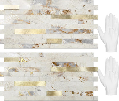 STICKGOO 20 Sheets Peel and Stick Backsplash Tile, Stick on Backsplash for Kitchen and Bathroom, White Sandstone Look PVC Mixed Metal Gold Self Adhesive Wall Tiles