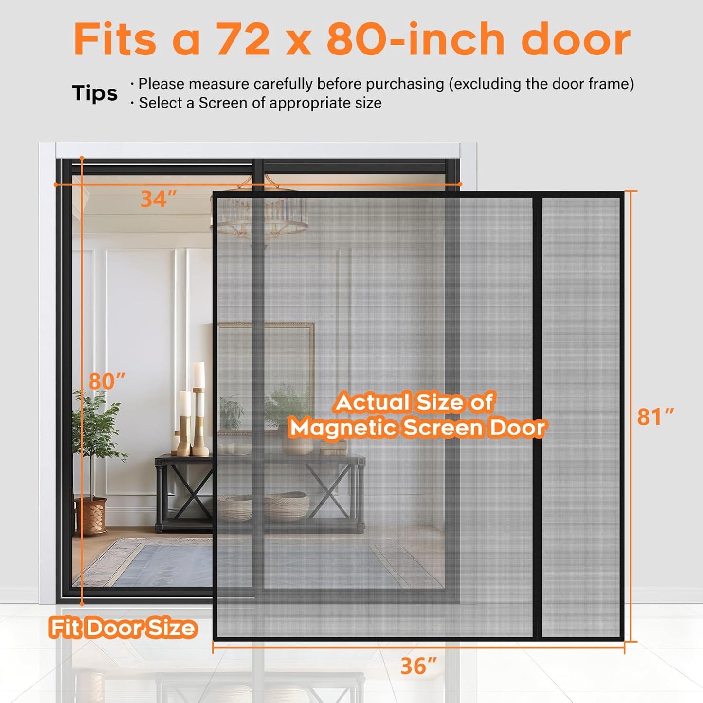 Magnetic Screen Door, Screen Door Mesh, Heavy-Duty Mesh Curtain, Door Net Keep Bugs Out, Hands Free Partition, Screen Size 38” × 83”, Fits 36” × 82” Doors, Pet & Kid Friendly, Black