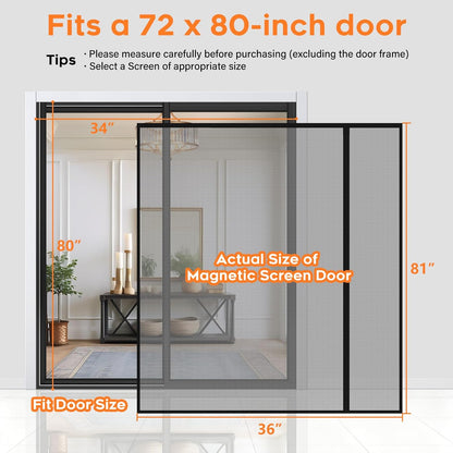 Magnetic Screen Door, Screen Door Mesh, Heavy-Duty Mesh Curtain, Door Net Keep Bugs Out, Hands Free Partition, Screen Size 38” × 83”, Fits 36” × 82” Doors, Pet & Kid Friendly, Black