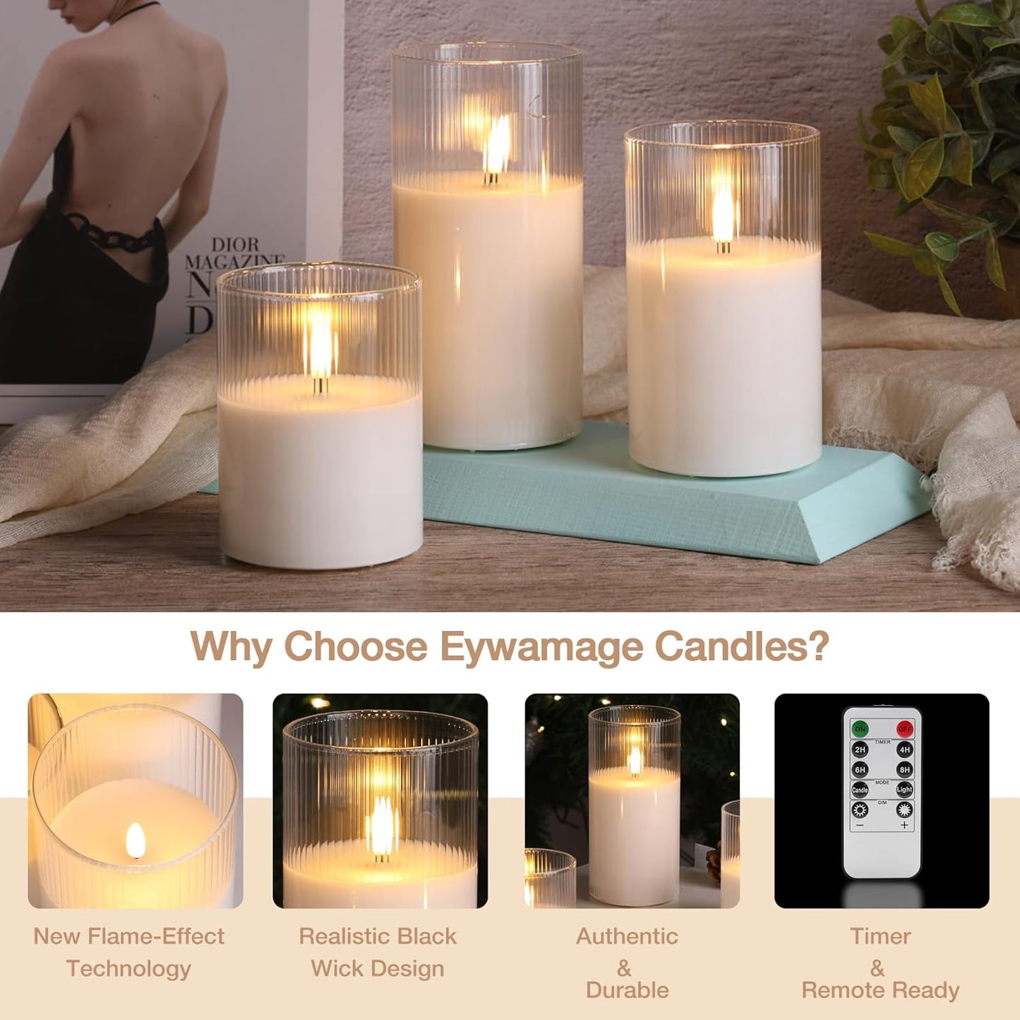 Eywamage Smoke Grey Ribbed Glass Flameless Pillar Candles with Remote, Flickering LED Wax Candles Battery Operated Set of 3
