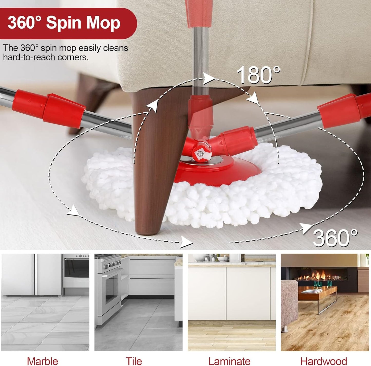 Spin Mop and Bucket with Wringer Set, 360° Spinning Mop Bucket System with 3 Microfiber Mop Replacement Heads and 50" Stainless Steel Adjustable Handle for Floor Cleaning