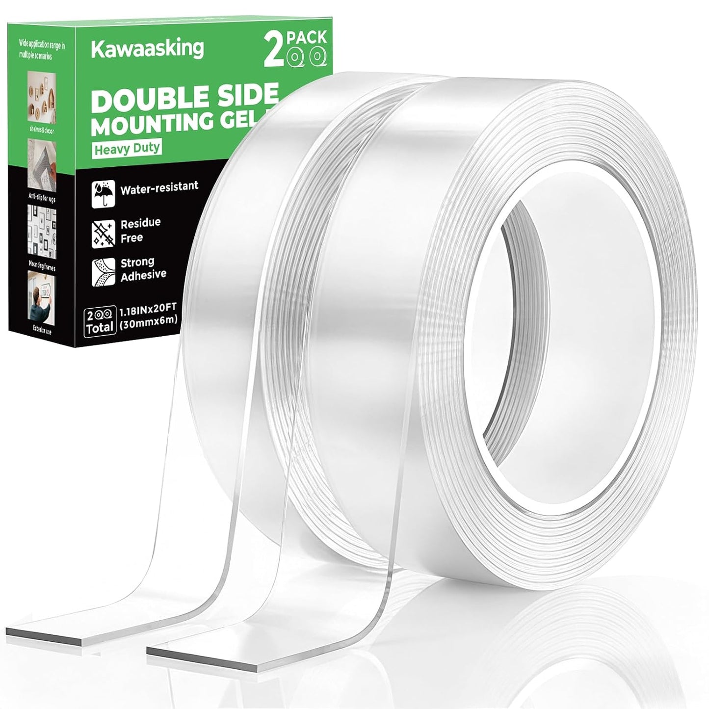 2 Rolls Thickened Heavy Duty Nano Double Sided Mounting Tape, 20FT Total Strong Adhesion Clear Tape, Removable Washable Residue-Free Multipurpose Two aided Tape for Picture, Carpet, Poster
