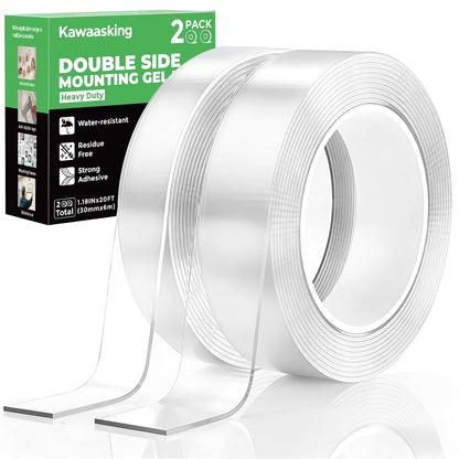2 Rolls Thickened Heavy Duty Nano Double Sided Mounting Tape, 20FT Total Strong Adhesion Clear Tape, Removable Washable Residue-Free Multipurpose Two aided Tape for Picture, Carpet, Poster