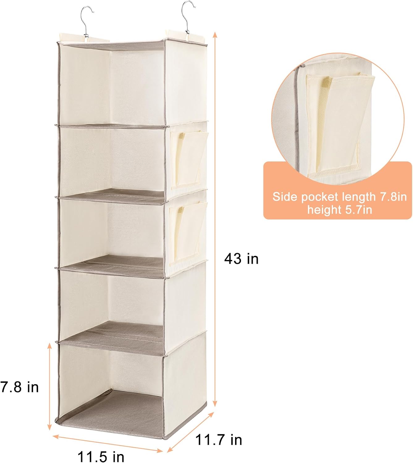 BOOMIBOO Hanging Closet Organize and Shelves，5-Hanging Shelf with 2 Side Pockets，Storage Foldable （Grey）