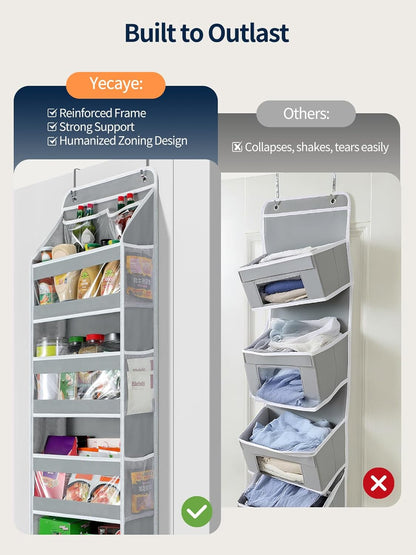 Yecaye 5 Tier Over the Door Organizer, Swing-proof Door Organizer Hanging with Clear PVC Windows, Behind the Door Storage for Bedroom Nursery Closet Laundry Pantry Bathroom, Grey