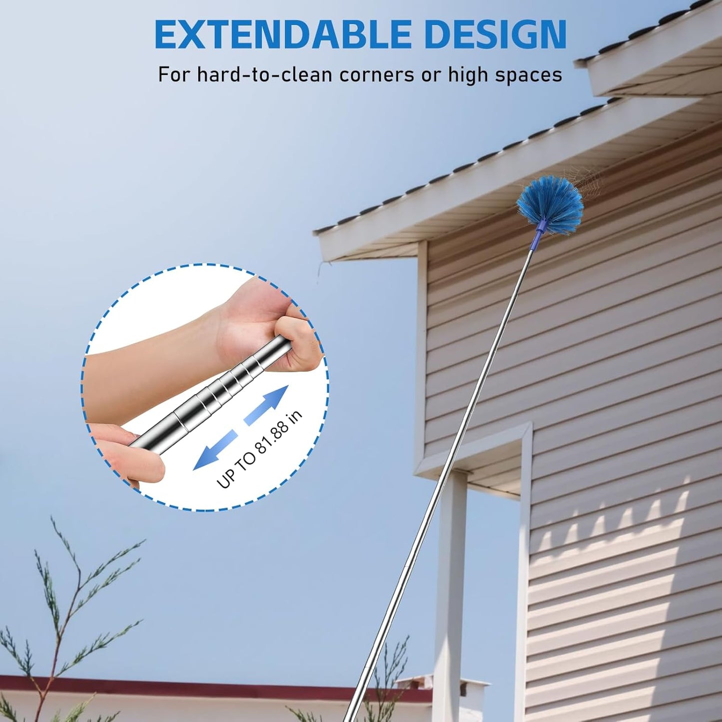 SetSail Cobweb Duster with Extension Pole, Retractable Dusters for Cobweb Cleaning 90-inch Long Handle Ceiling Fan Spider Web Brush for Outdoor Indoor High Ceilings