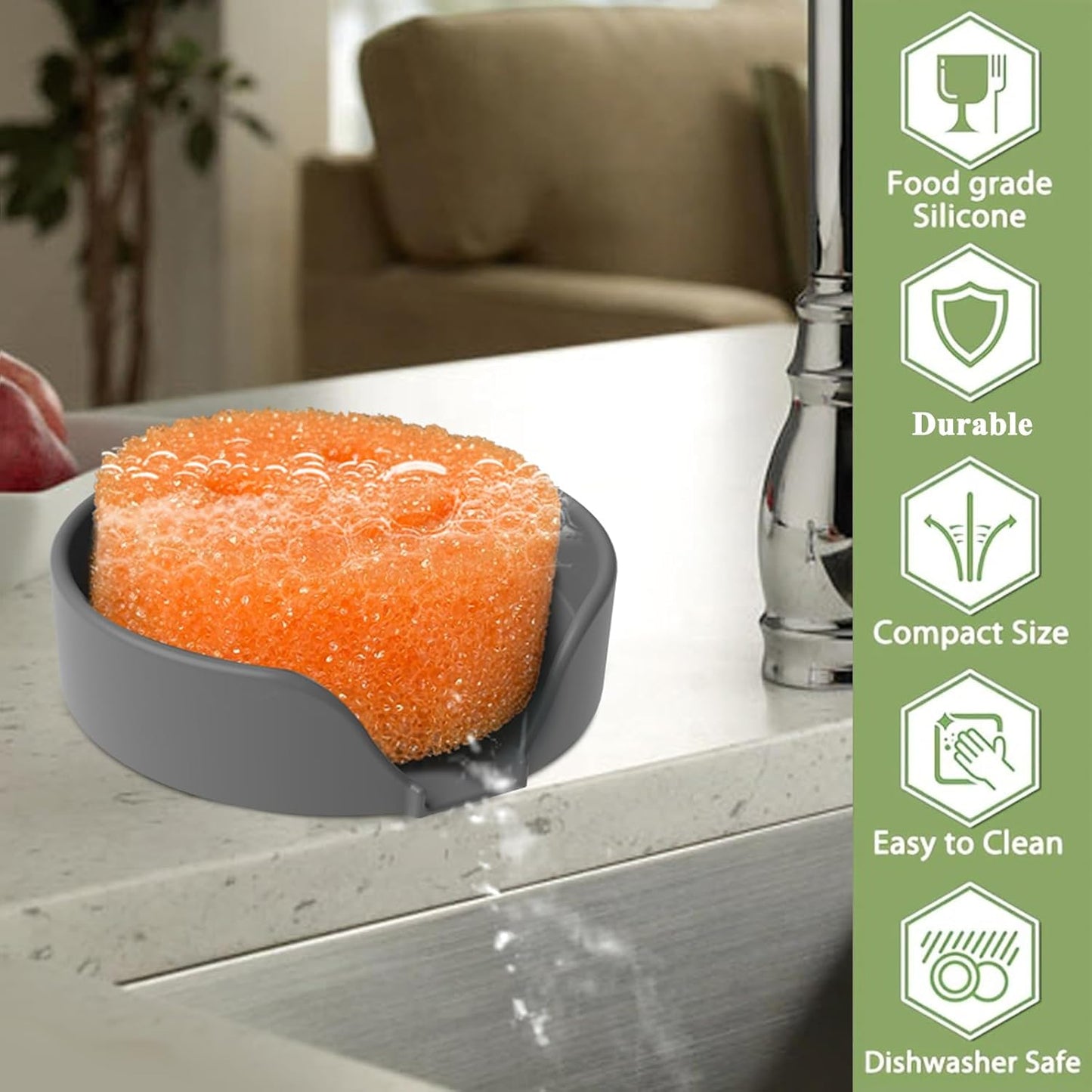 Sponge Holder for Scrub Daddy with Suction Cups and Drain Spout Kitchen Sink Caddy Organizer, Soap Dishes Holder Accessories Rack, Dishwasher Safe - 4.7"x4.7", Green