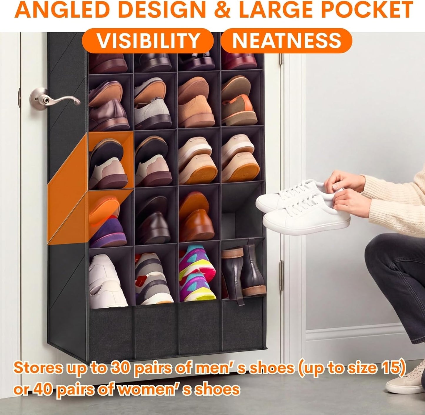 Ofiray-home 30-40 Pairs Over the Door Shoe Organizer | Large & Deep Pockets, Fits Boots, Sneakers or Larger Shoes, Space-Saving Hanging Shoe Rack