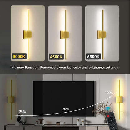 Torchlet Battery Operated Wall Sconces Set of 2 with Remote Control,DIY Independent Rotation Picture Lights,3000K-6000K Dimmable LED Rechargeable Wall Lights for Living Room Bedroom, 28.3'' Gold