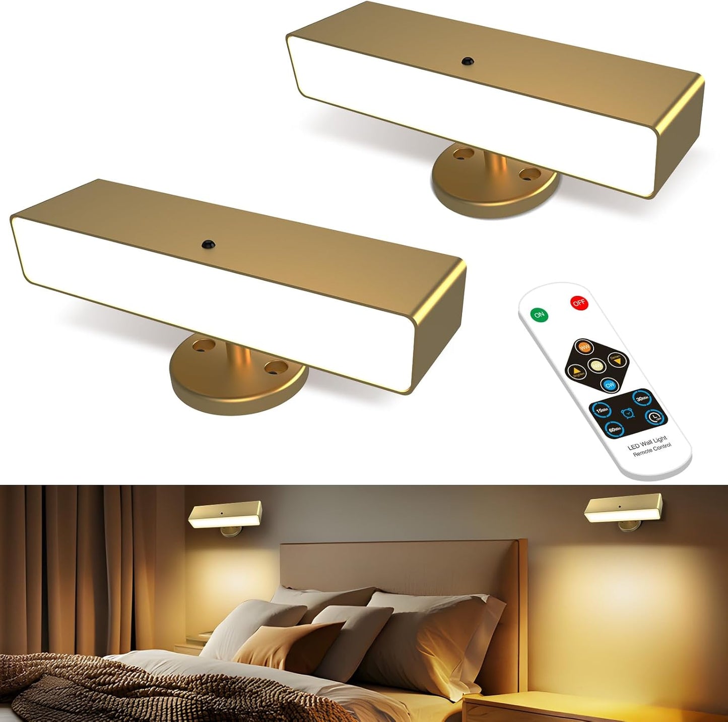 iThird Rechargeable Battery Operated Wall Sconce Set of 2: Wireless Black Wall Lights Battery Powered Magnetic 360° Rotation Cordless Scone Adhesive LED Wall Mount Lamp for Bedroom Reading Picture RV