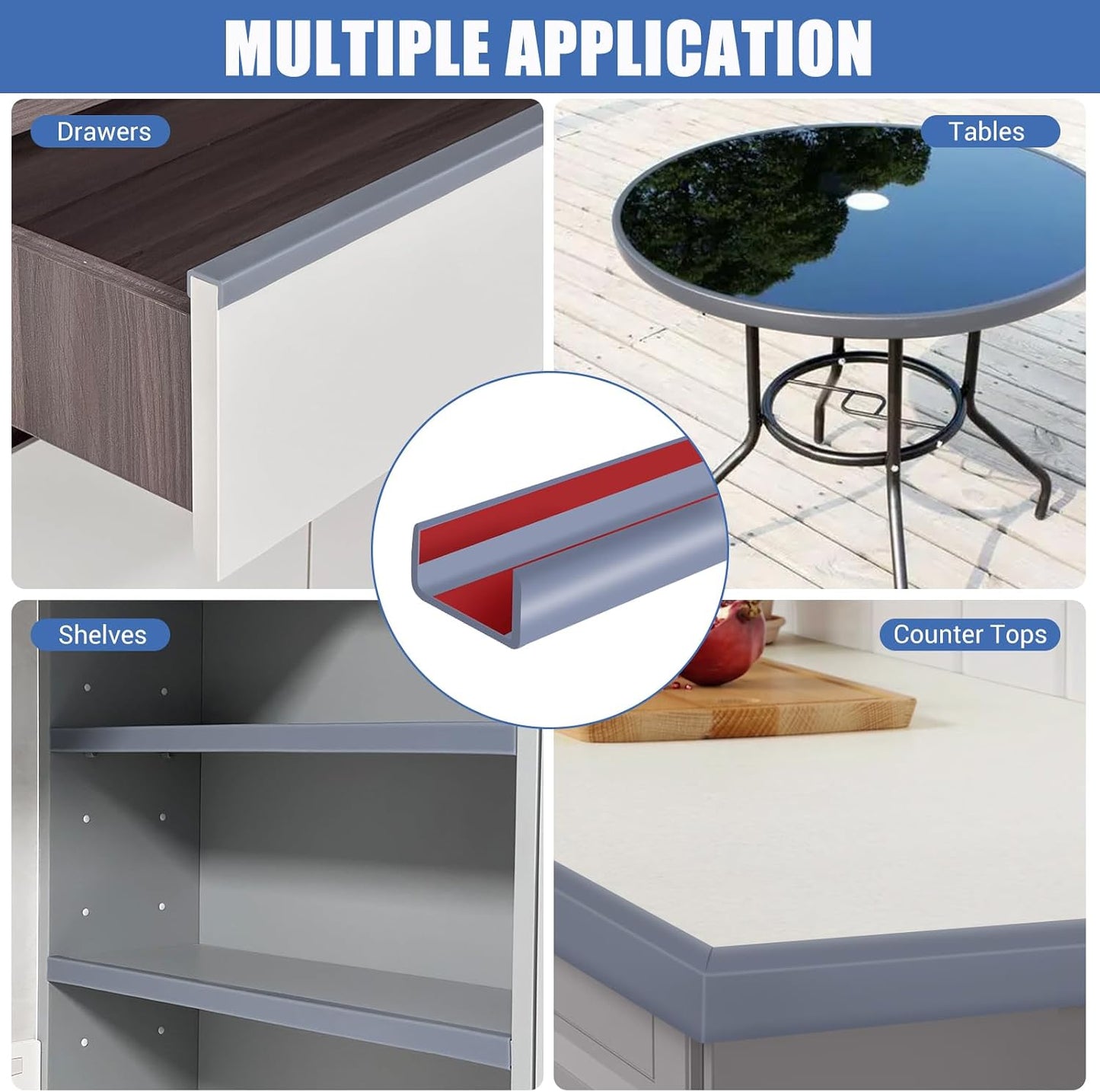 Slimline Cabinet Door Edge Protector, 3/4" Self Adhesive Peel and Stick Rubber Edge Guards, Flexible U Shaped Strips for Kitchen & Garbage Drawer Fronts, Edge Trims for Desks and Shelfves, Black, 10Ft