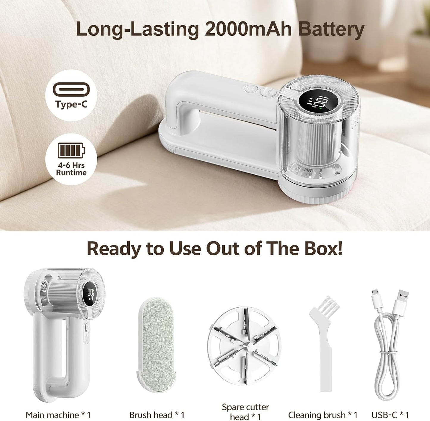 Rechargeable Fabric Shaver, 2-in-1 Lint Remover for Clothing, Furniture, Sweater with 6-Blade, 200ml Container, LED Display, 2000mAh USB-C, 3-Speed Lint Shaver Eliminates Fuzz & Pilling