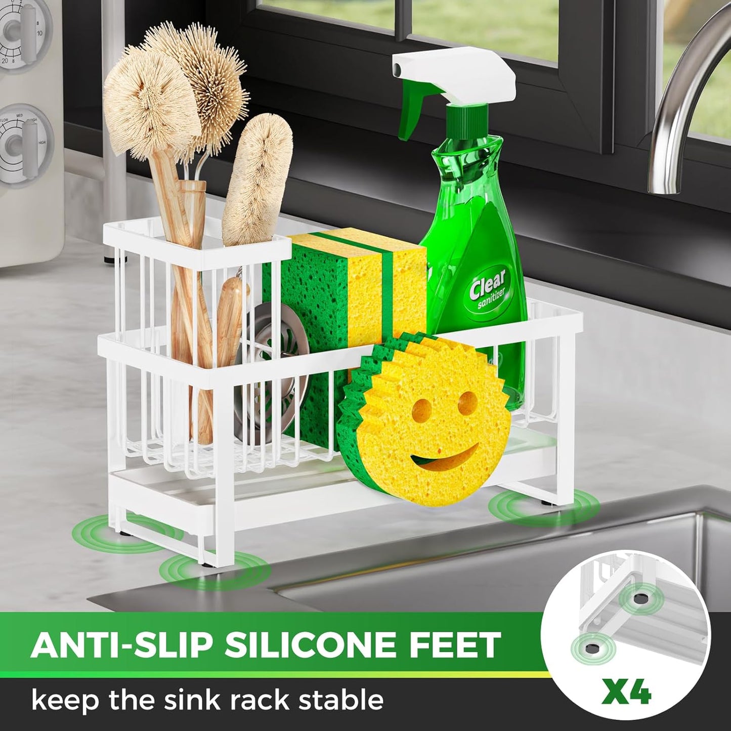 Sponge Holder for Kitchen Sink,Smiley Face Sink Caddy with Removable Brush Holder,Self-Draining Sponge Caddy for Soap,Dish Brush,Scrubber,Kitchen Essentials and Gadgets-Silver