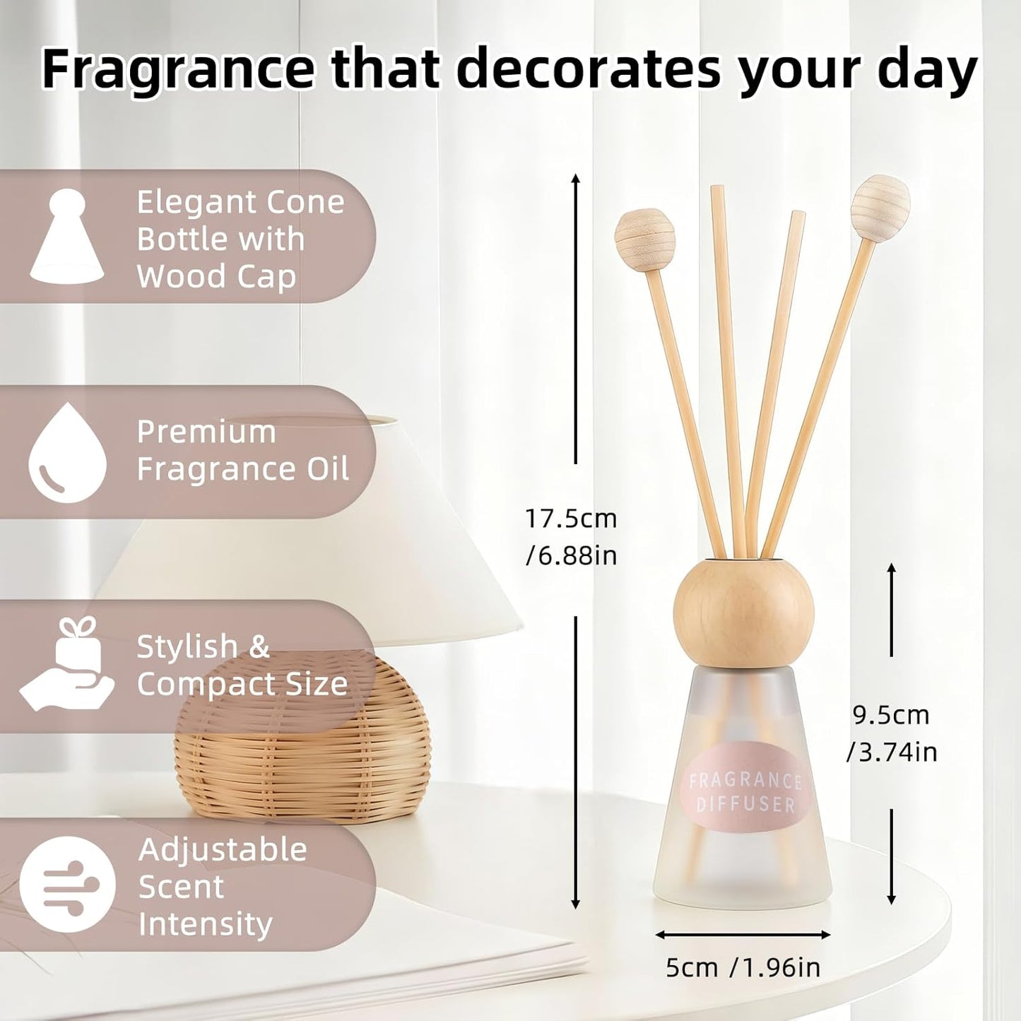 Reed Diffuser Set, Blue Bell Scent with Reed Sticks, 1.7 fl oz / 50ml Cone-Shaped Bottle with Round Wooden Cap, Ideal for Bathroom, Bedroom, Office, Home Fragrance for Shelf Decor Air Freshener Gift