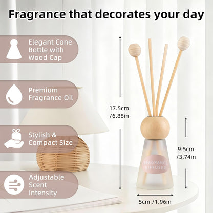 Reed Diffuser Set, Blue Bell Scent with Reed Sticks, 1.7 fl oz / 50ml Cone-Shaped Bottle with Round Wooden Cap, Ideal for Bathroom, Bedroom, Office, Home Fragrance for Shelf Decor Air Freshener Gift