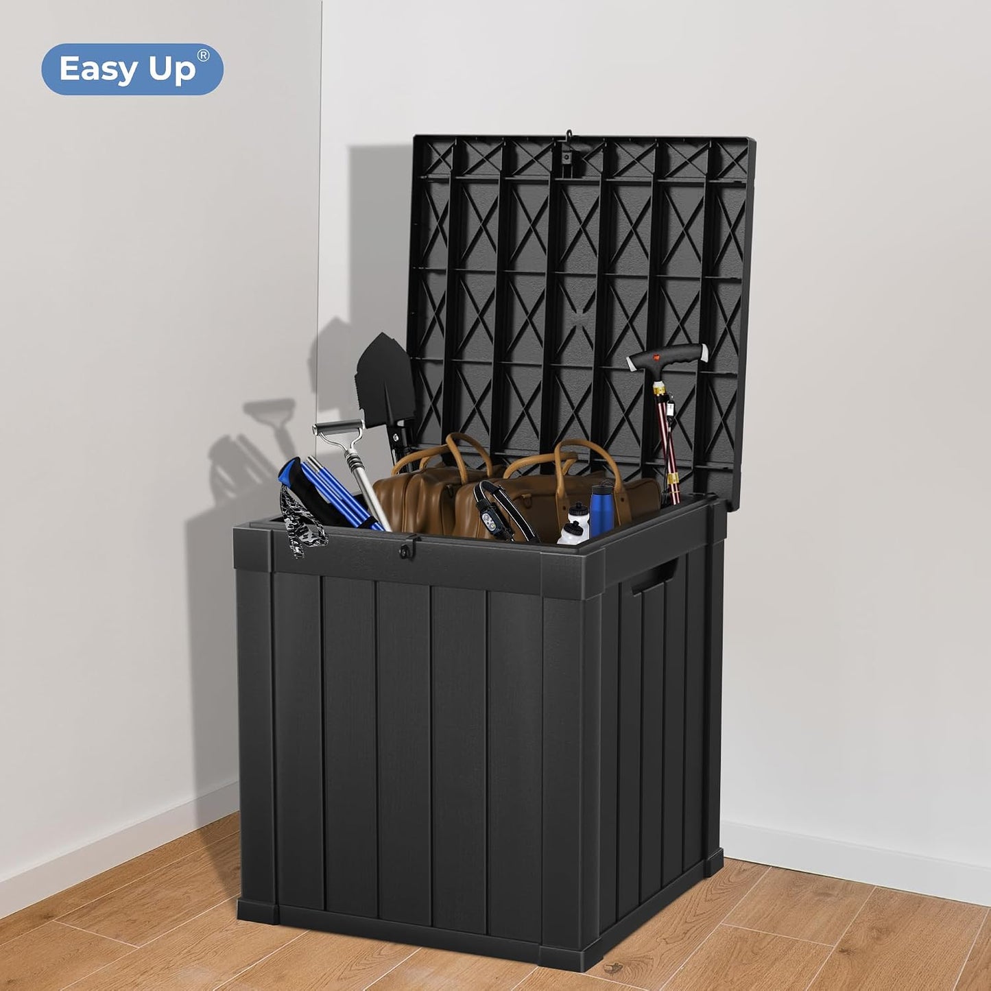 EasyUp 35 Gallon Outdoor Storage Box, Outdoor Deck Boxes for Garden Tools Equipment,Cushions and Patio Storage,Lockable and Resin,Easy to Install(Black)