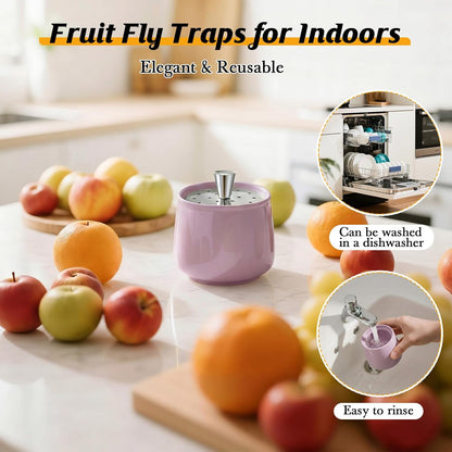 Ceramic Fruit Fly Trap for Indoors, Reusable Kitchen Fly Catcher with Stainless Steel Vent Lid, Uses Safe & Natural Vinegar Bait Trap, Dishwasher Safe, Easy to Use (White,1 Pack)