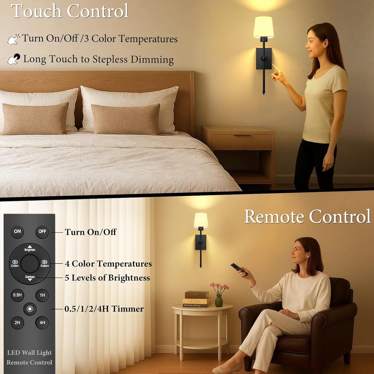 iThird Wall Sconce Battery Operated Set of 2, 6000mAh Rechargeable Wall Lights with Touch Control and Remote Control, Wireless Wall Lamps for Bedroom, Black Sconces Wall Decor for Living Room Hallway