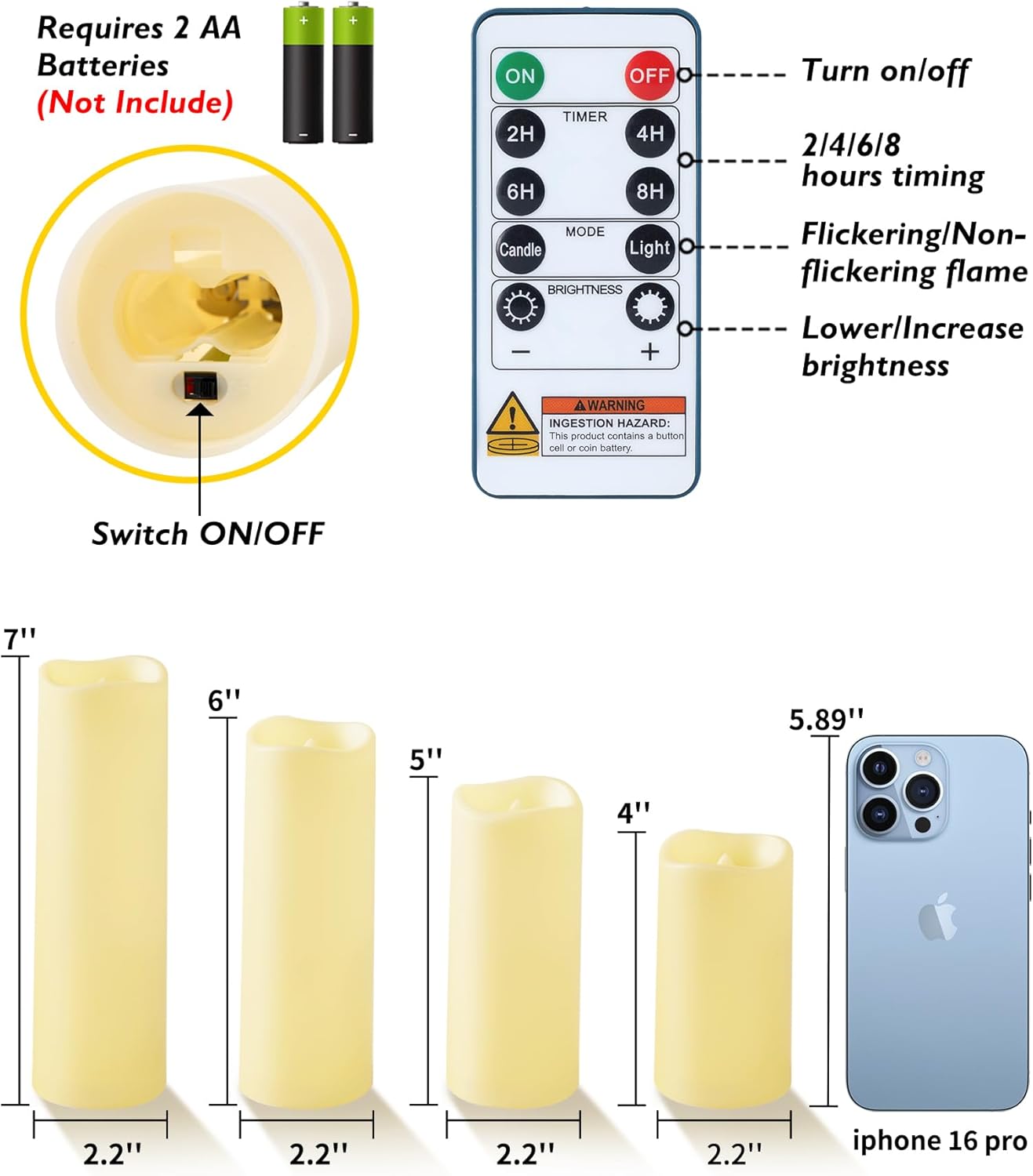 Raycare Outdoor Waterproof Flameless Candles, Battery Operated LED Electric Candles with Remote and Timers, Fake Pillar Candle for Patio, Porch, and Wedding Decor, Ivory, Set of 3(3"x4" 5" 6")