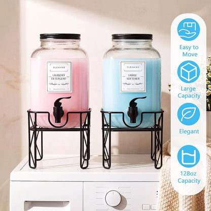 FillTouch 2 Pack 1 Gallon/128 oz Glass Laundry Detergent Dispenser, 3.8 L Liquid Soap Dispenser with Stand, Measuring Cup and Label, Fabric Softener, Liquid Bleach Container, Laundry Room Organization