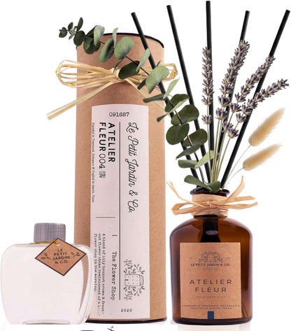 Reed Diffusers - Oil Sticks Diffuser Set with Real Dried Flowers - Reed Diffusers for Home, Bathroom & Office | Air Freshener Fragrance Sticks for Shelf Decor & Gifts by Le Petit Jardin & Co.