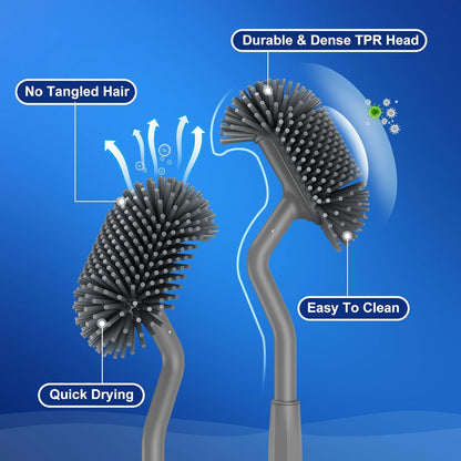 HAMITOR Toilet Bowl Brush Holder Set: Deep Cleaning Silicone Toilet Cleaner Scrubber Under Rim with Curved Bristle for Bathroom Dead Corner Clean - Modern Rv Toilet Decorative Accessories - White