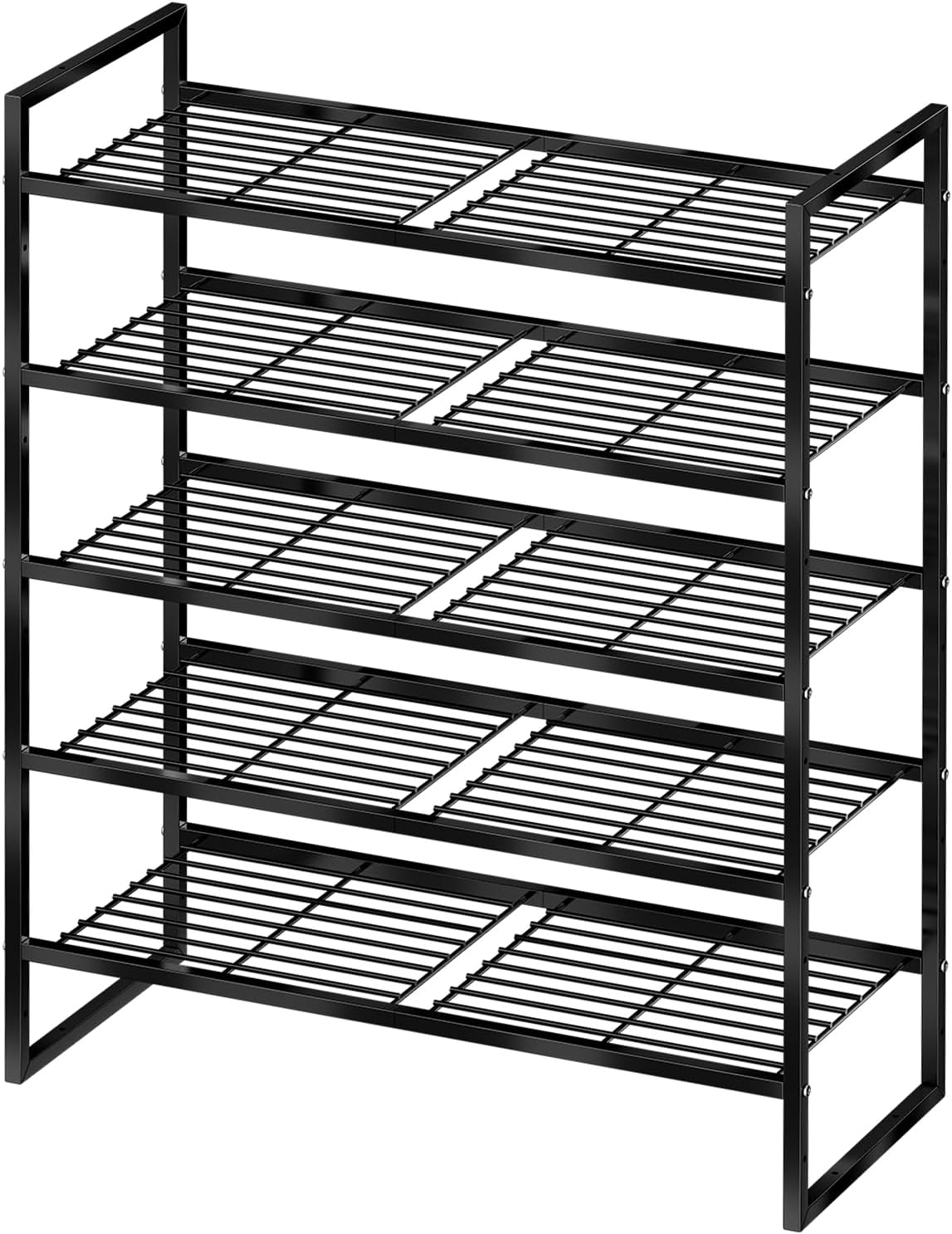 5-Tier Wide Shoe Rack, Metal Shoe Organizer for Closet, Stackable Freestanding Shoe Storage Shelf with Sturdy Wire Grid, Large Capacity Durable Shoe Rack for Entryway Bedroom, Black