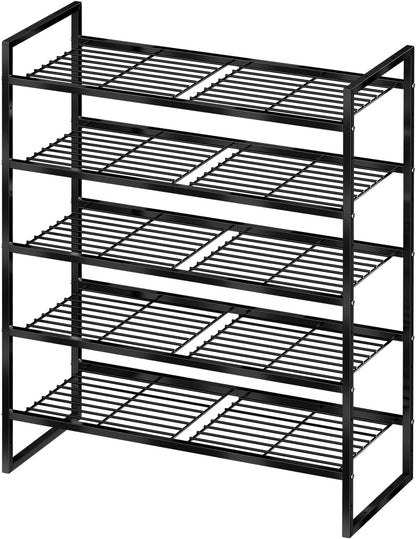 5-Tier Wide Shoe Rack, Metal Shoe Organizer for Closet, Stackable Freestanding Shoe Storage Shelf with Sturdy Wire Grid, Large Capacity Durable Shoe Rack for Entryway Bedroom, Black