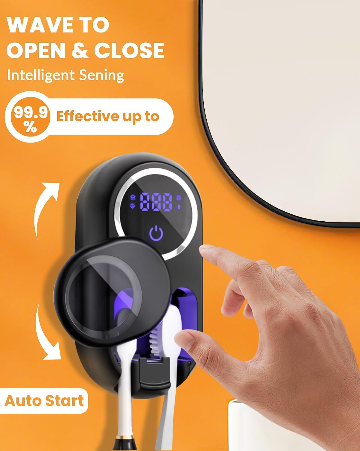 Toothbrush Sanitizer Holder, Wall-Mounted with Auto-Inductive Cover & 140°F Air Drying, Bathroom Organizer, Black
