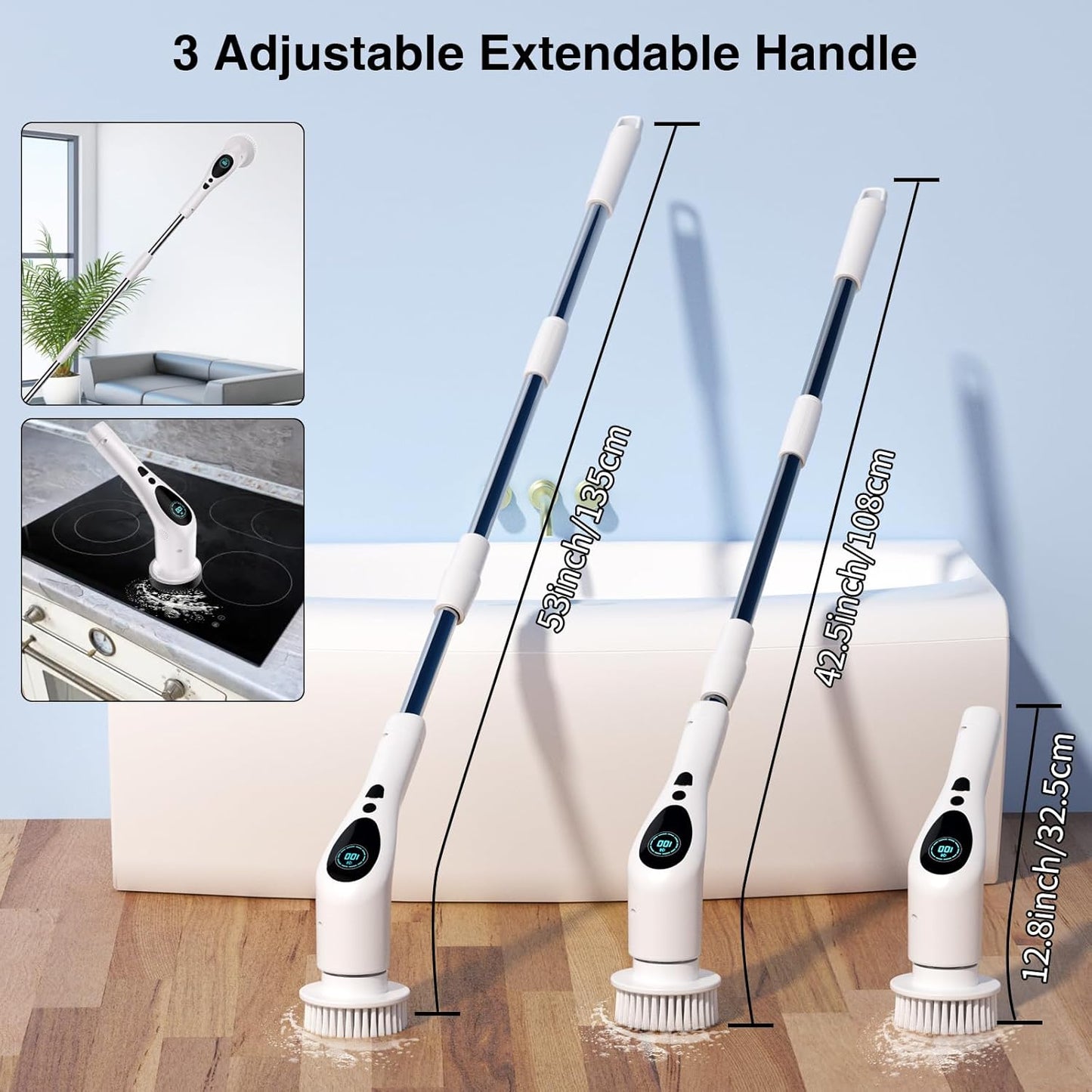 Electric Spin Scrubber, Electric Spin Cordless Tub and Tile Scrubber with Voice Broadcasting 3 Speed 9 Replaceable Clean Heads Power Spin Scrubbers