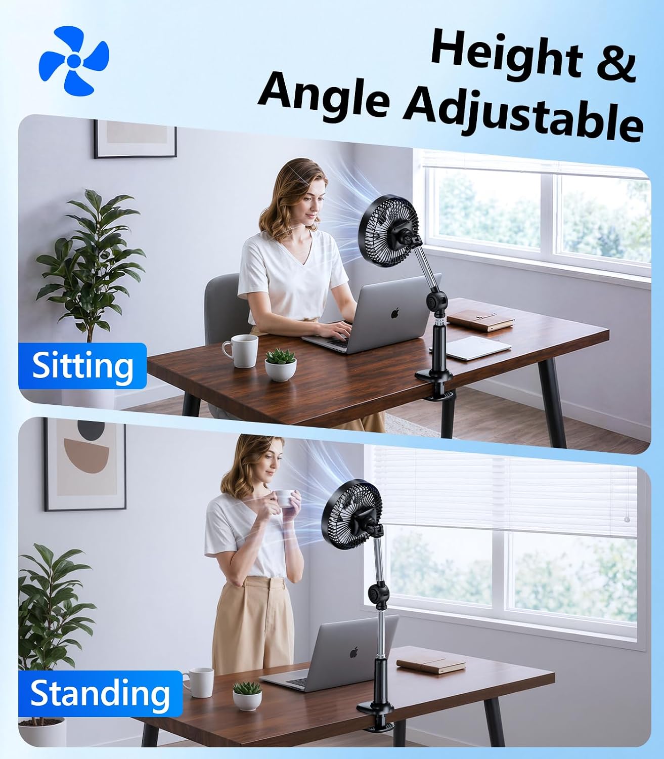 Adjustable Arm Clip on Fan for Desk,3 Speed Ultra Flexible Adjustable Design Clip Fan with 3.5”Wide Clamp,3000mAh Battery Operated Quiet Personal Cooling for Office Bedroom Gaming Dorm （Brown）