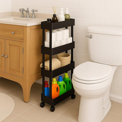 ShellKingdom 4 Tier Bathroom Storage Organizer, Slim Rolling Storage Cart for Narrow Space, Mobile Shelving Unit with Lockable Wheels and Hooks for Bathroom, Kitchen, Laundry Movable Shelf (Green)