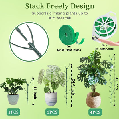 10 Pack Stackable Plant Support Stakes, 75inch Climbing Plant Sticks Structures for Monstera with Garden Ties, Durable Alternative to Moss Pole for Indoor Outdoor Plants