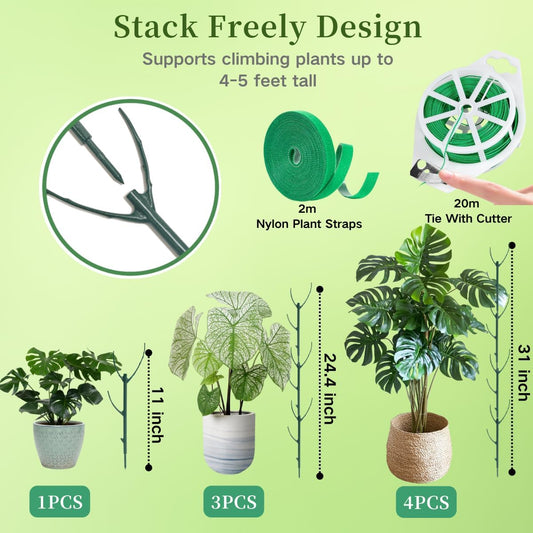 10 Pack Stackable Plant Support Stakes, 75inch Climbing Plant Sticks Structures for Monstera with Garden Ties, Durable Alternative to Moss Pole for Indoor Outdoor Plants