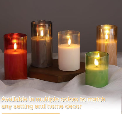 Eywamage Smoke Grey Ribbed Glass Flameless Pillar Candles with Remote, Flickering LED Wax Candles Battery Operated Set of 3