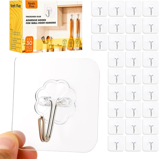 Ninth Five 30 Pack Adhesive Wall Hooks for Hanging Heavy Duty 33 lbs Hooks ， No Drill, Towel Sticky Clear Hook Waterproof,usde for Bathroom, Shower, Outdoor, Kitchen, Door, Home Improvement