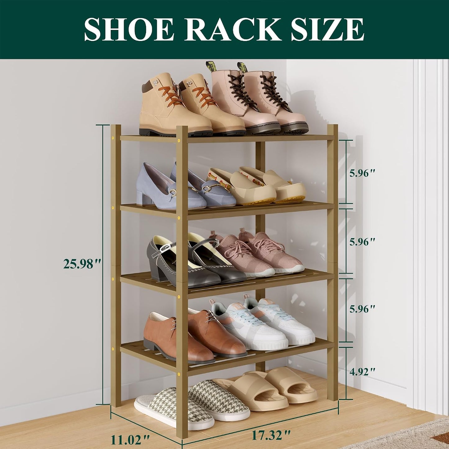 Smiry Bamboo Shoe Rack, 3 Tier Free Standing Wooden Shoe Organizer, Stackable Wood Shoe Storage Shelf for Closet, Entryway, 5 Horizontal Slats, 26.8"x11"x18.3", Natural