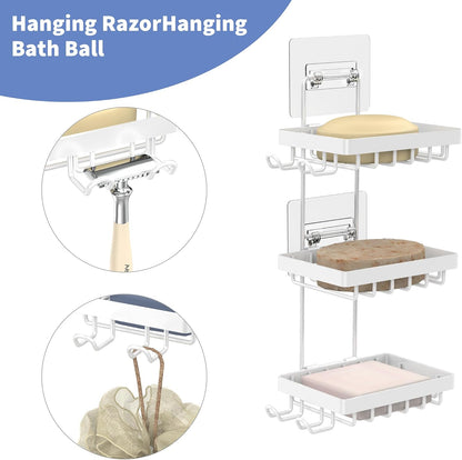 Moforoco Double Soap Bar Holder for Shower, No Drilling, 304 Stainless Steel, Wall Mounted Soap Holder with 4 Hooks and Razor Holder, Shower Rack Soap Tray Bar Soap for Bathroom Accessories Organizer