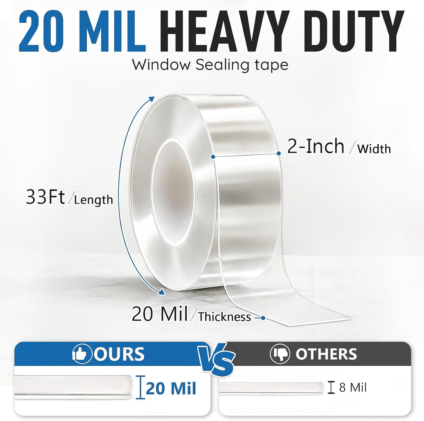 Litaibai Clear Window Sealing Tape for Window AC Units, 20 Mil, 2" x 33 ft | Clear 20 mil removable tape for windows, doors and portable AC units; helps block drafts, dust and air leaks